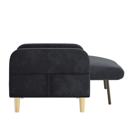 Anica 3 Seater Velvet Sofa Bed in Black, featuring dark upholstery on slender wooden legs, offers a compact design perfect for small spaces, effortlessly transforming from a stylish sofa to a functional bed.