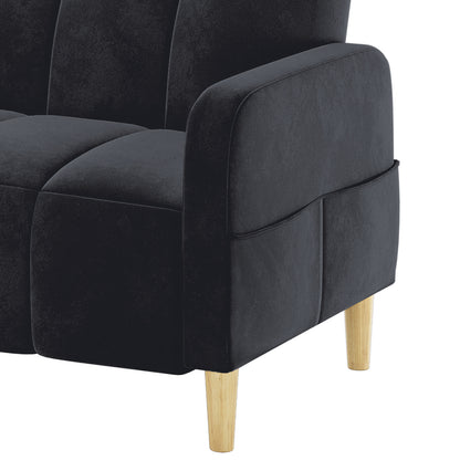 Anica 3 Seater Velvet Sofa Bed in Black featuring a modern design with soft, velvet-like upholstery and tapered oak-colored legs; a multifunctional piece that transforms into a bed.