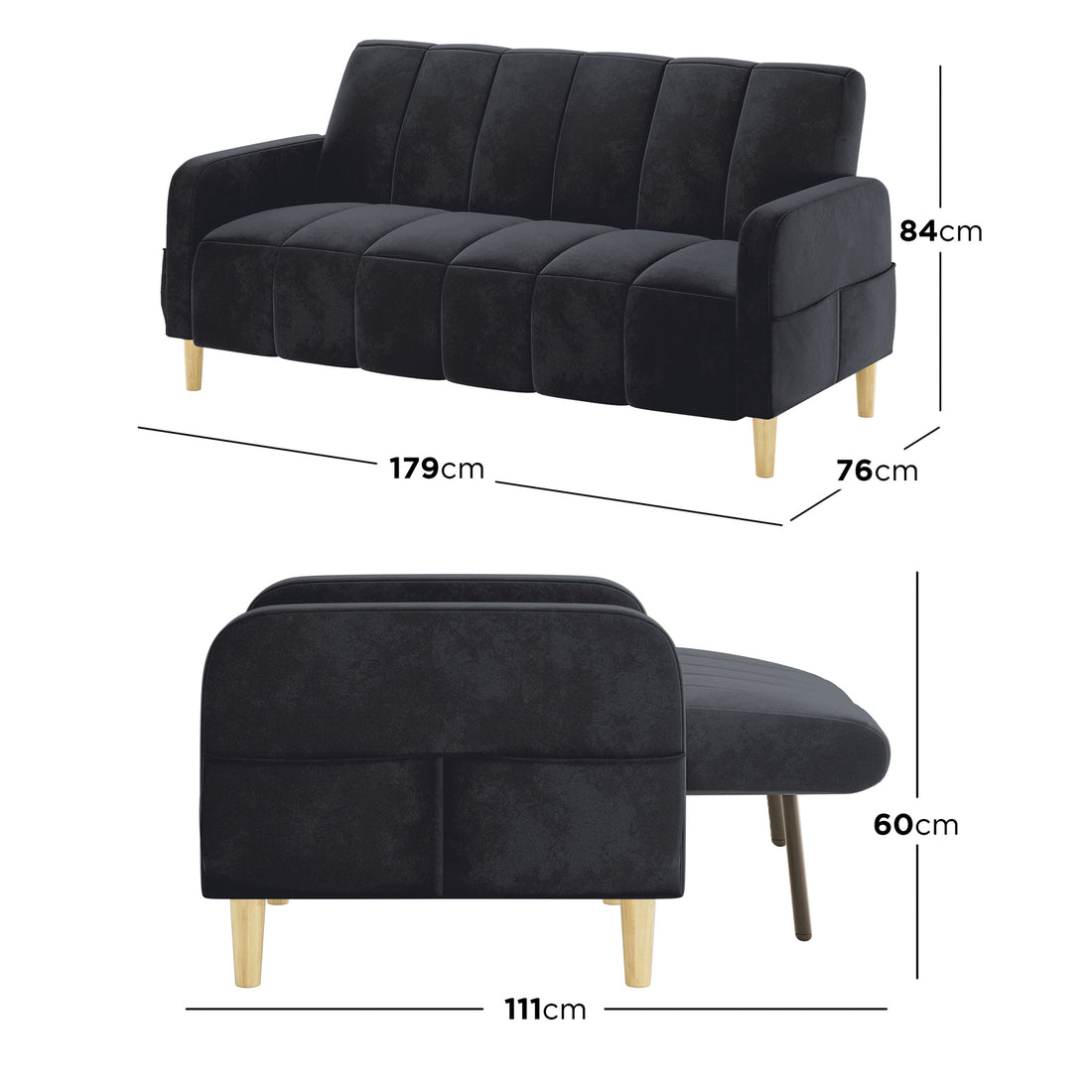 Anica 3 Seater Velvet Sofa Bed in Black, featuring dark fabric, block-style tufted cushions, and light-wood tapered legs, converts seamlessly from a compact sofa to a lounger or bed.