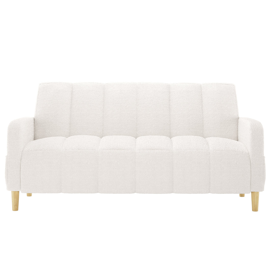 Anica 3 Seater Boucle Sofa Bed in Cream White, featuring off-white boucle upholstery, channel-stitched cushioning, squared armrests, and four short, tapered wooden legs with a light natural finish.