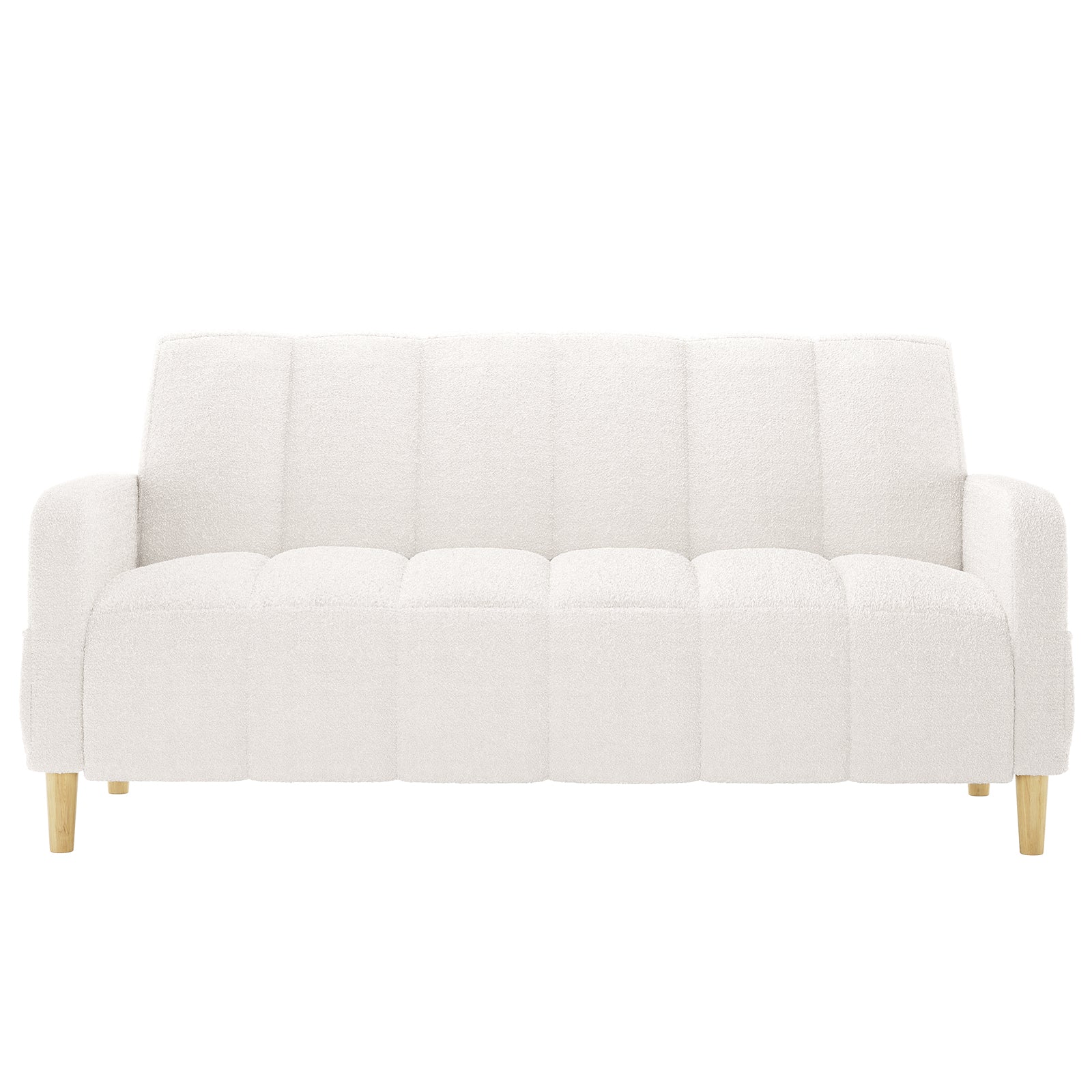 Anica 3 Seater Boucle Sofa Bed in Cream White, featuring off-white boucle upholstery, channel-stitched cushioning, squared armrests, and four short, tapered wooden legs with a light natural finish.