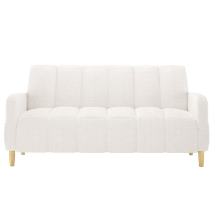 Anica 3 Seater Boucle Sofa Bed in Cream White, featuring off-white boucle upholstery, channel-stitched cushioning, squared armrests, and four short, tapered wooden legs with a light natural finish.