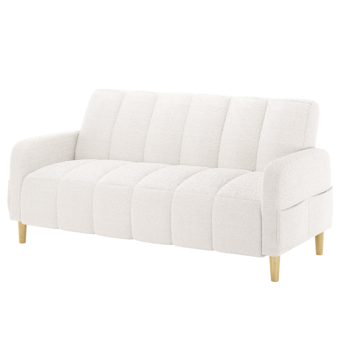 Anica 3 Seater Boucle Sofa Bed in Cream White, featuring off-white textured fabric, rounded back and arms, channel stitching, and short tapered wooden legs, offers versatile seating and daybed functionality.