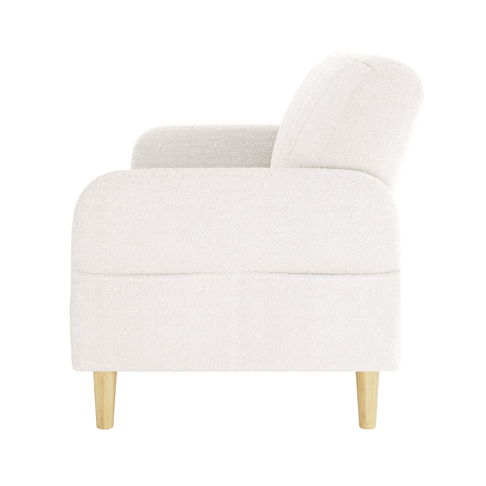 Side-view of Anica 3 Seater Boucle Sofa Bed in Cream White, showcasing its textured fabric, gently rounded arms, and backrest, standing on four light-wood tapered legs.