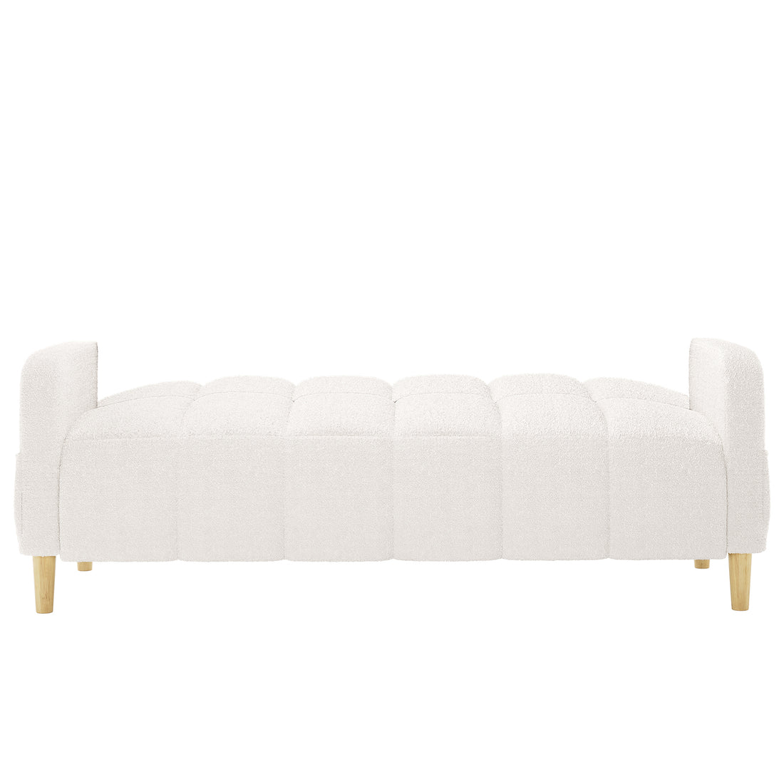 Anica 3 Seater Boucle Sofa Bed in Cream White, featuring a low-profile design with soft tufted boucle upholstery, squared arm ends, and light-wood tapered legs, providing versatility as a daybed.