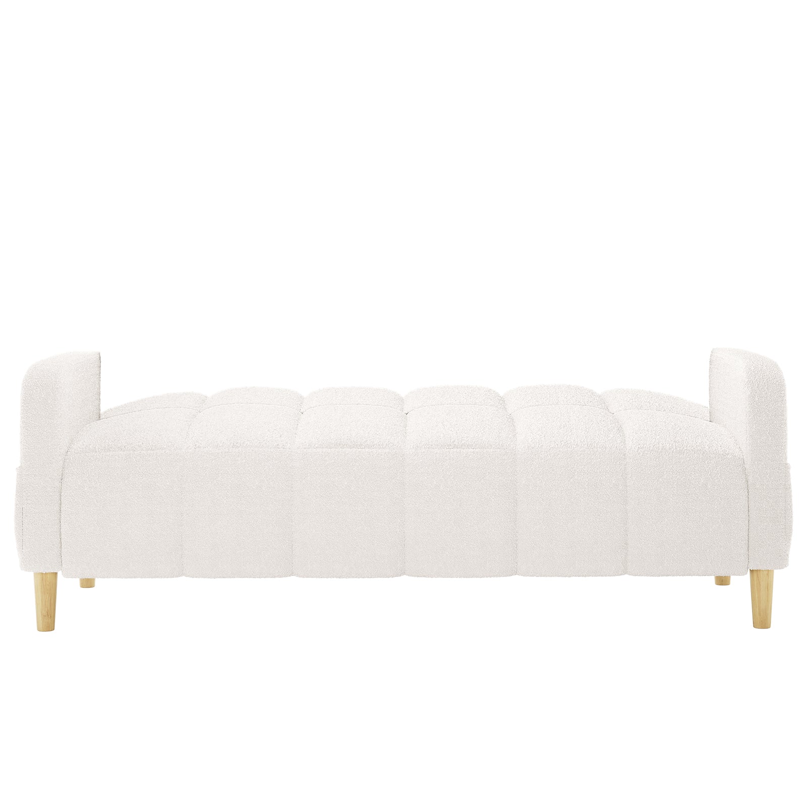 Anica 3 Seater Boucle Sofa Bed in Cream White, featuring a low-profile design with soft tufted boucle upholstery, squared arm ends, and light-wood tapered legs, providing versatility as a daybed.
