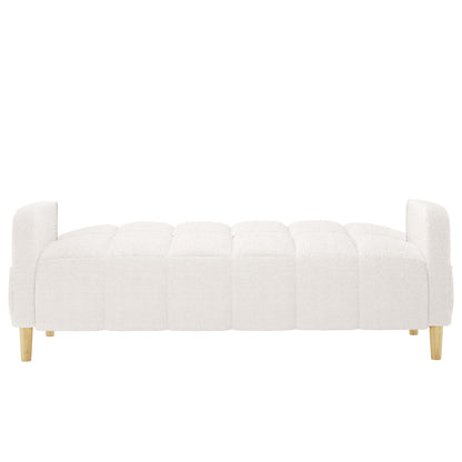 Anica 3 Seater Boucle Sofa Bed in Cream White, featuring a low-profile design with soft tufted boucle upholstery, squared arm ends, and light-wood tapered legs, providing versatility as a daybed.