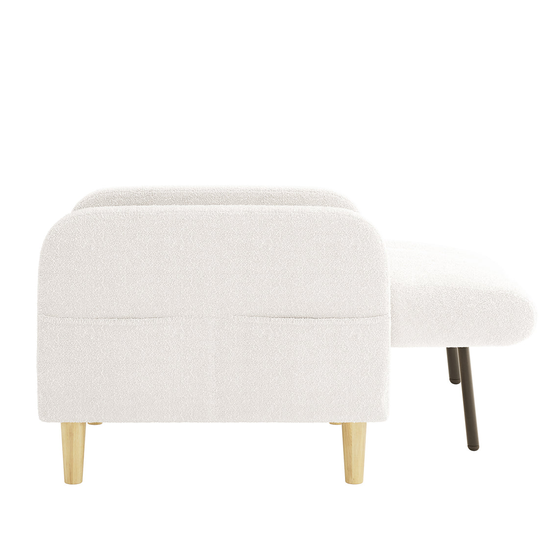 Anica 3 Seater Boucle Sofa Bed in Cream White, featuring a low rectangular sofa with rounded corners and light-wood legs, paired with a matching ottoman supported by a metal leg.