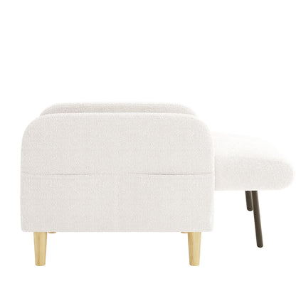 Anica 3 Seater Boucle Sofa Bed in Cream White, featuring a low rectangular sofa with rounded corners and light-wood legs, paired with a matching ottoman supported by a metal leg.