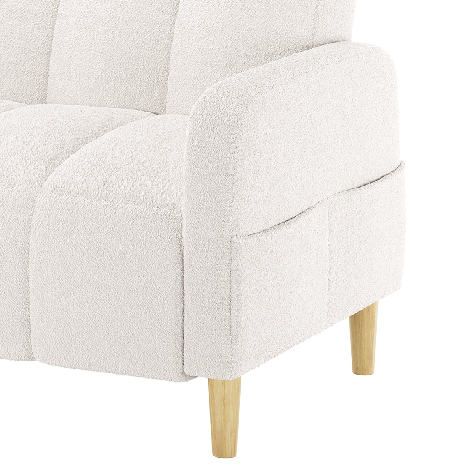 Anica 3 Seater Boucle Sofa Bed in Cream White showcasing a soft, off-white bouclé fabric with channel tufting, short tapered wooden legs, and versatile sofa-to-bed design for stylish, functional seating.