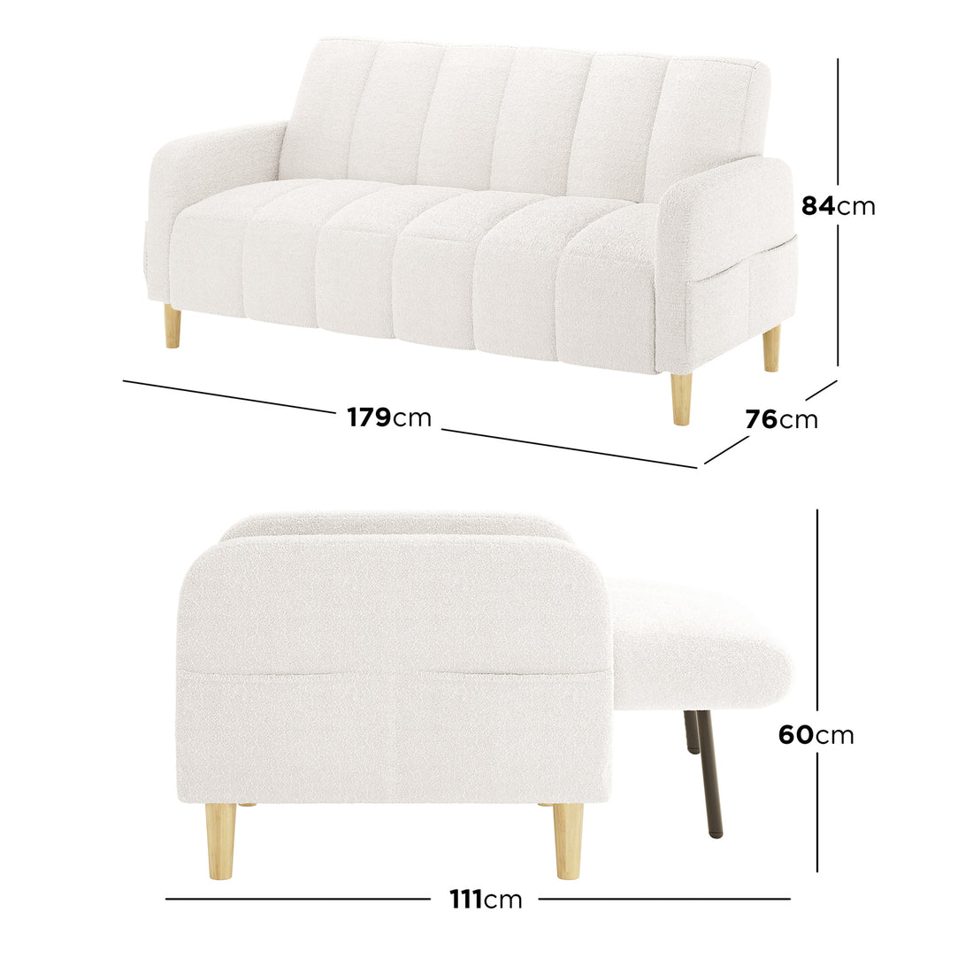 Anica 3 Seater Boucle Sofa Bed in Cream White, featuring light bouclé fabric, tapered wooden legs, and dimensions of 179 cm width, 76 cm depth, and 84 cm height, shown front and side.