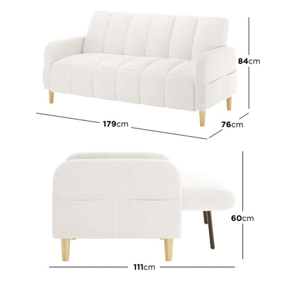 Anica 3 Seater Boucle Sofa Bed in Cream White, featuring light bouclé fabric, tapered wooden legs, and dimensions of 179 cm width, 76 cm depth, and 84 cm height, shown front and side.