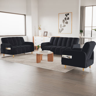 Anica 6 Seater Velvet Fabric Sofa Bed Set in Black features a sleek sofa, loveseat, and armchair with vertical channel tufting, light wood legs, and a low, white-topped coffee table.