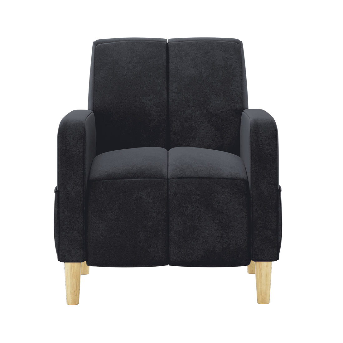 Anica Single Seater Velvet Sofa Chair in Black, featuring two distinct seat and back cushions, squared armrests, and four exposed light-wood legs, offering a stylish yet comfortable accent piece.