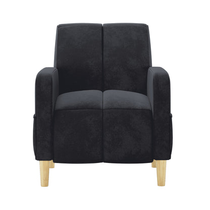 Anica Single Seater Velvet Sofa Chair in Black, featuring two distinct seat and back cushions, squared armrests, and four exposed light-wood legs, offering a stylish yet comfortable accent piece.