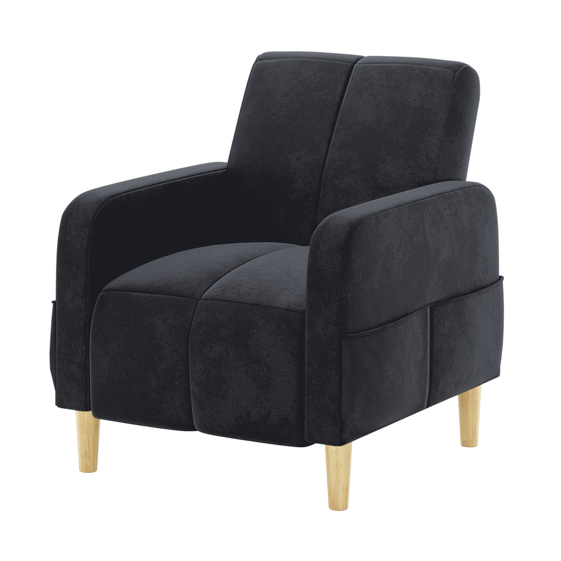 Anica Single Seater Velvet Sofa Chair in Black, featuring dark fabric, gently rounded arms, light-wood tapered legs, and velvet upholstery, designed for comfort and style in living or bedroom spaces.