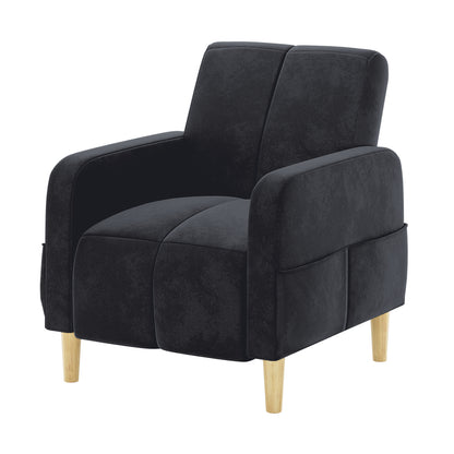 Anica Single Seater Velvet Sofa Chair in Black, featuring dark fabric, gently rounded arms, light-wood tapered legs, and velvet upholstery, designed for comfort and style in living or bedroom spaces.