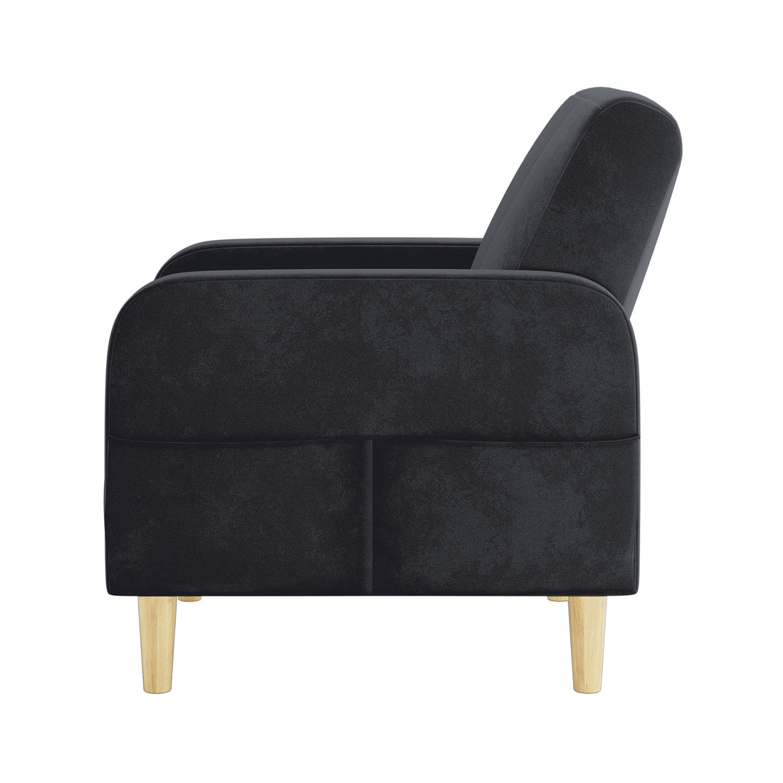 Anica Single Seater Velvet Sofa Chair in Black, featuring a modern design with rounded armrests, sloped backrest, and light-wood tapered legs, offering stylish comfort for living or bedroom spaces.