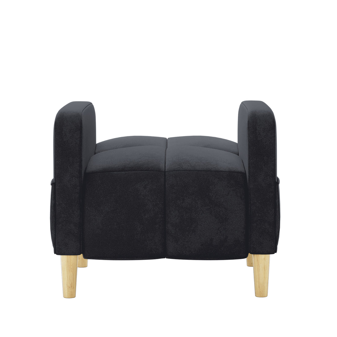 Anica Single Seater Velvet Sofa Chair in Black, featuring a black upholstered design with four light wooden legs and slightly raised padded arms, showcasing a stylish and versatile accent piece.
