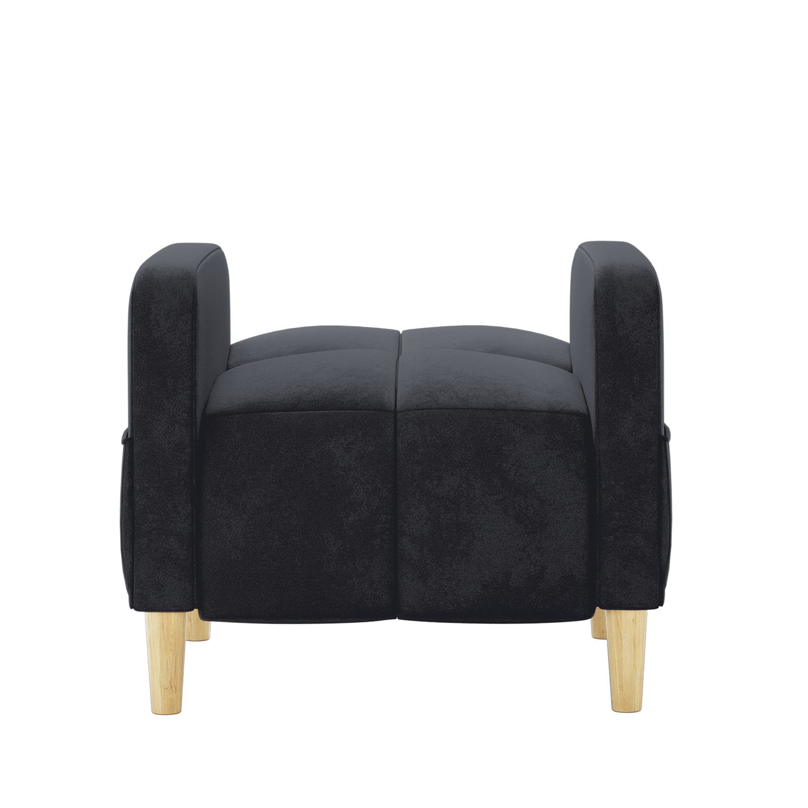 Anica Single Seater Velvet Sofa Chair in Black, featuring a black upholstered design with four light wooden legs and slightly raised padded arms, showcasing a stylish and versatile accent piece.