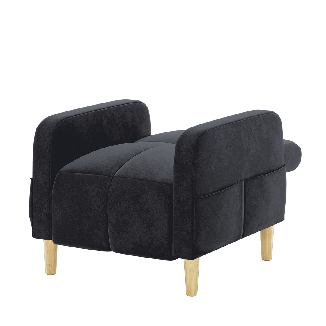 Anica Single Seater Velvet Sofa Chair in Black featuring a plush, sectioned seat, rounded armrests, and short tapered wooden legs, offering a stylish and comfortable addition to any room.