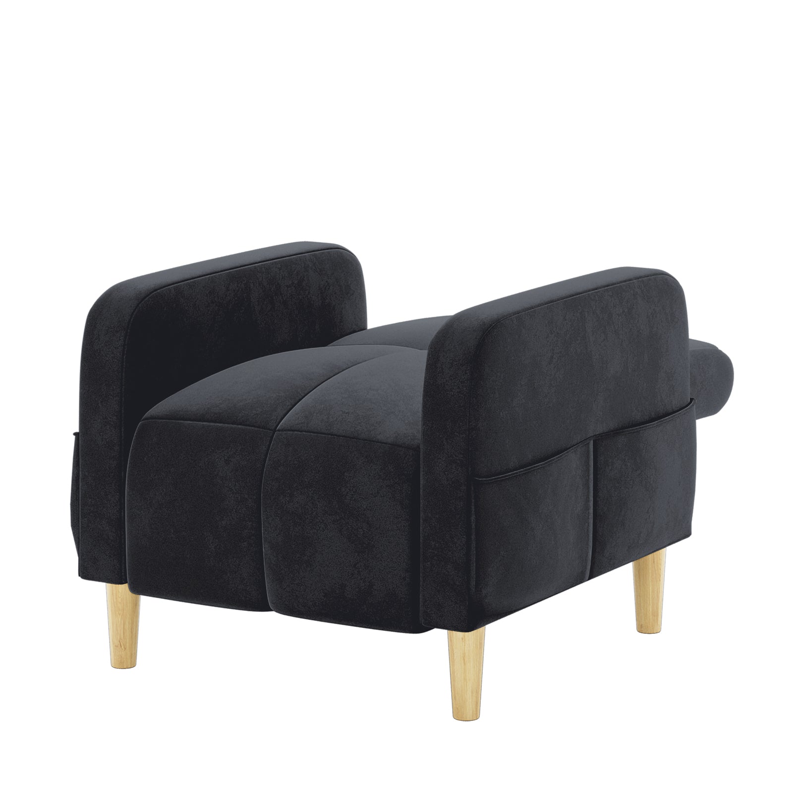 Anica Single Seater Velvet Sofa Chair in Black featuring a plush, sectioned seat, rounded armrests, and short tapered wooden legs, offering a stylish and comfortable addition to any room.