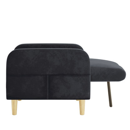 Anica Single Seater Velvet Sofa Chair in Black features a modern L-shaped design with a squared-off back, sleek metal leg, and tapered wood legs, upholstered in plush velvet.