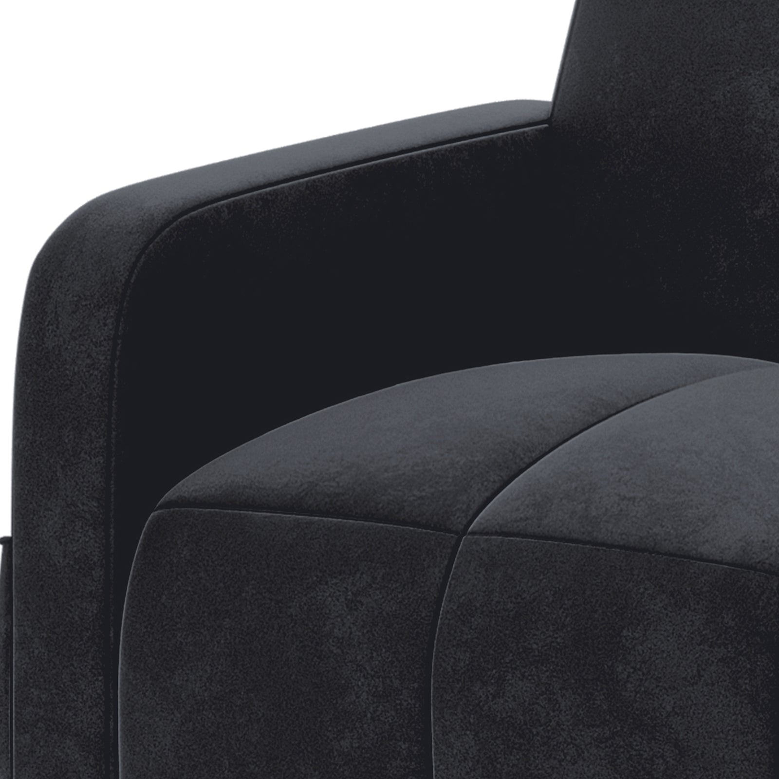 Anica Single Seater Velvet Sofa Chair in Black, featuring a close-up view of its padded seat cushion, squared-off armrest, and backrest, all enveloped in smooth, slightly textured fabric.
