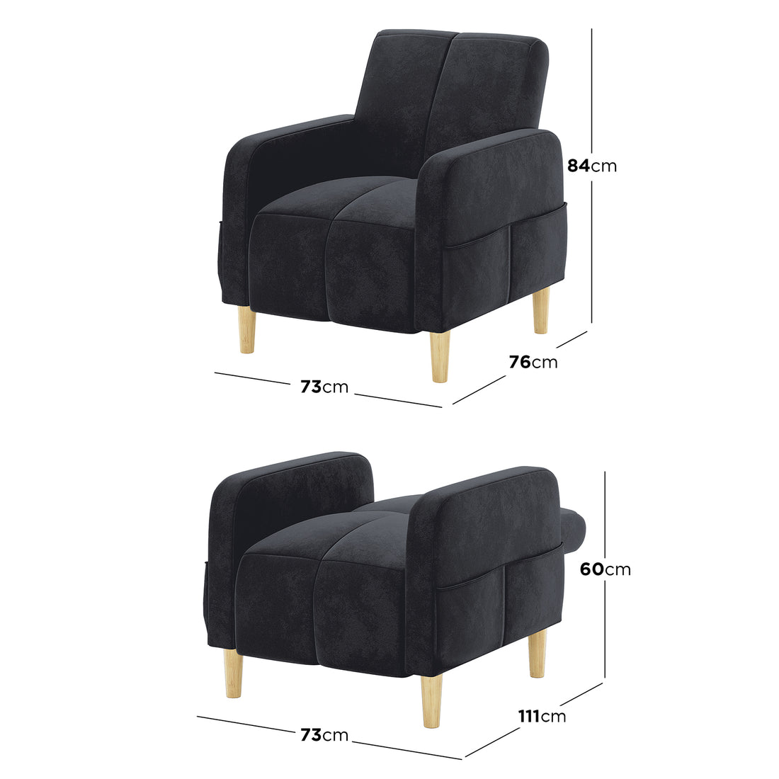 Anica Single Seater Velvet Sofa Chair in Black, showcasing a convertible design with black upholstery and light wooden legs, transitions from a compact chair to a low lounger for versatile use.