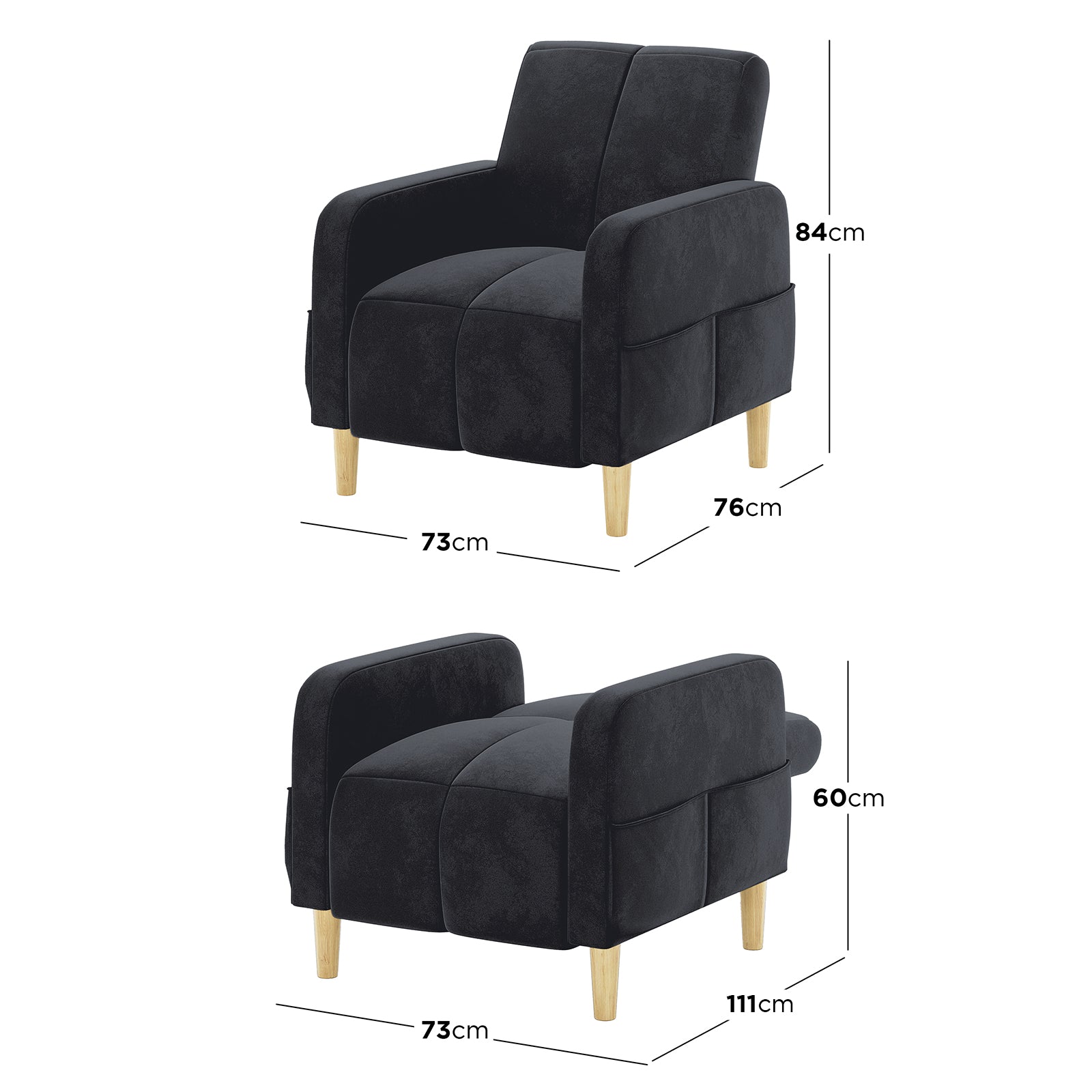 Anica Single Seater Velvet Sofa Chair in Black, showcasing a convertible design with black upholstery and light wooden legs, transitions from a compact chair to a low lounger for versatile use.