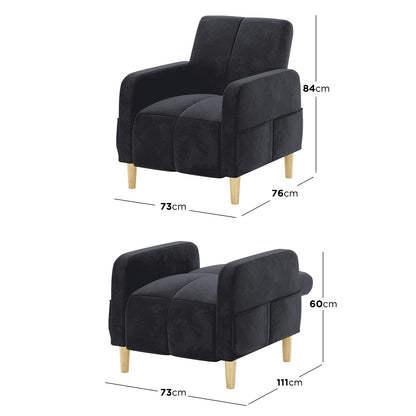 Anica Single Seater Velvet Sofa Chair in Black, showcasing a convertible design with black upholstery and light wooden legs, transitions from a compact chair to a low lounger for versatile use.