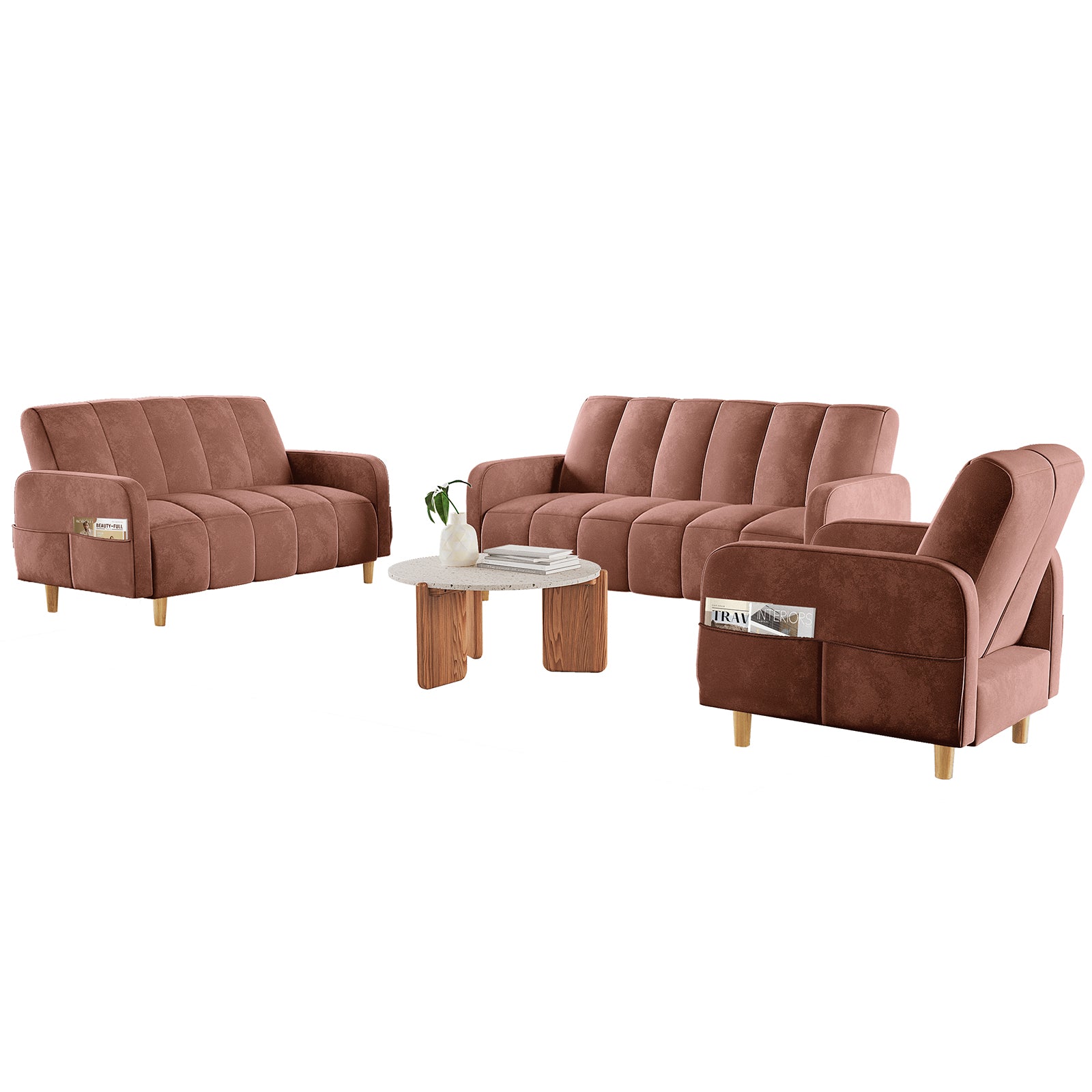 Anica 6 Seater Velvet Fabric Sofa Bed Set in Blush, featuring a three-seater, two-seater loveseat, and armchair with channel tufting; includes a round coffee table with a terrazzo top.