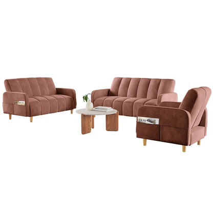 Anica 6 Seater Velvet Fabric Sofa Bed Set in Blush, featuring a three-seater, two-seater loveseat, and armchair with channel tufting; includes a round coffee table with a terrazzo top.