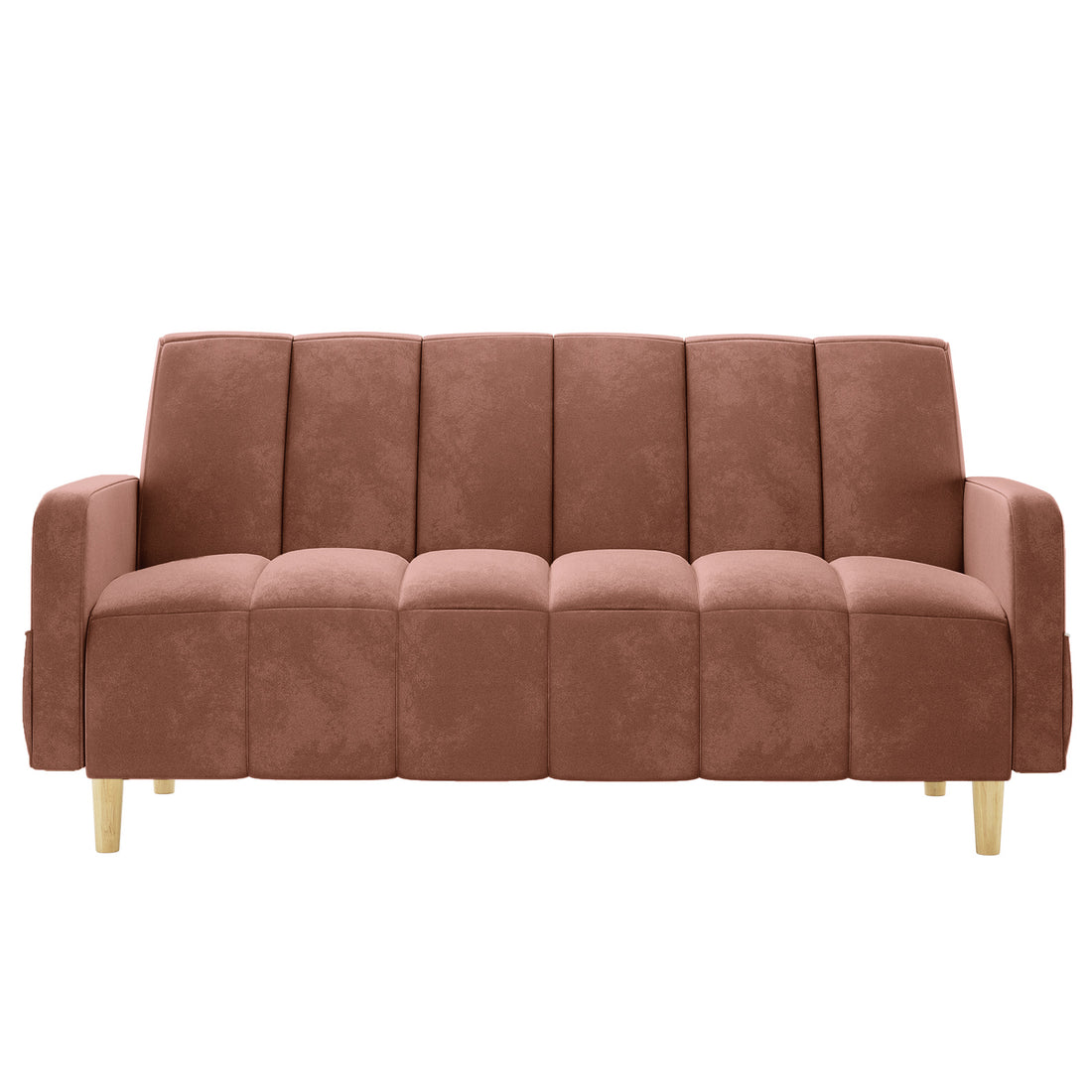 Anica 6 Seater Velvet Fabric Sofa Bed Set in Blush, featuring a three-seat, modern design with channel-stitched cushions, straight arms, and tapered wooden legs, shown on a white background.