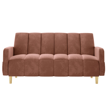 Anica 6 Seater Velvet Fabric Sofa Bed Set in Blush, featuring a three-seat, modern design with channel-stitched cushions, straight arms, and tapered wooden legs, shown on a white background.