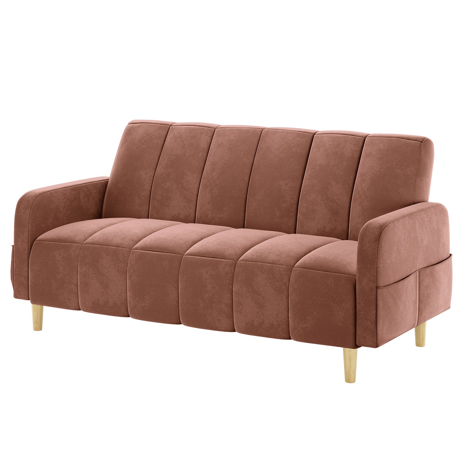 Anica 6 Seater Velvet Fabric Sofa Bed Set in Blush features a modern design with vertically-stitched, padded segments, rounded armrests, and light wood tapered legs, perfect for stylish, compact spaces.