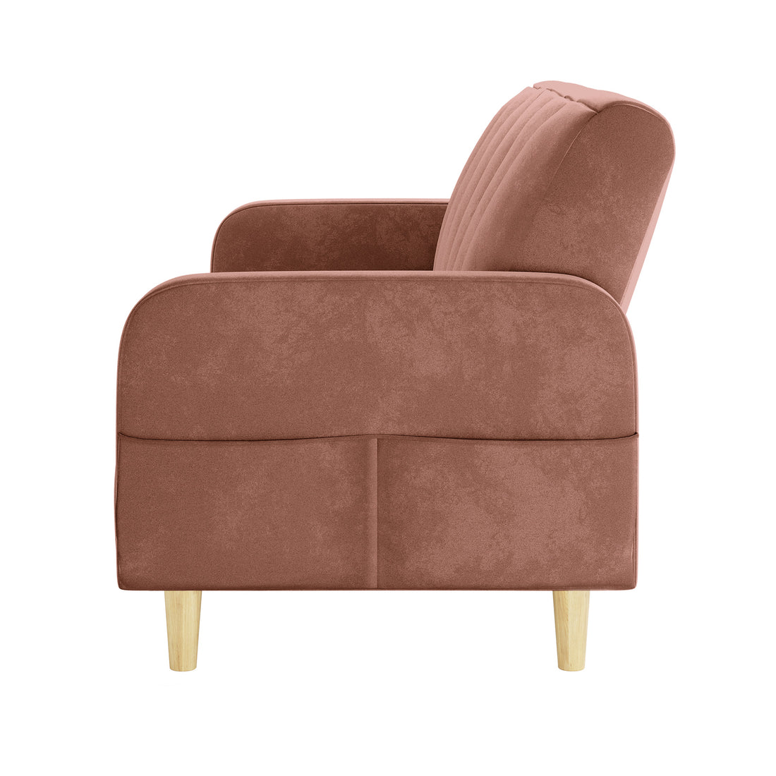 Side view of Anica 6 Seater Velvet Fabric Sofa Bed Set in Blush, featuring a modern armchair with dusty-rose upholstery, rounded arms, vertical stitching, and tapered wooden legs.