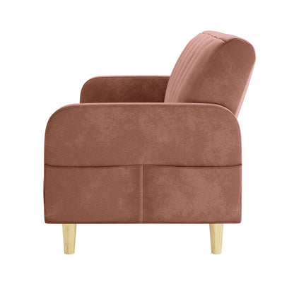 Side view of Anica 6 Seater Velvet Fabric Sofa Bed Set in Blush, featuring a modern armchair with dusty-rose upholstery, rounded arms, vertical stitching, and tapered wooden legs.