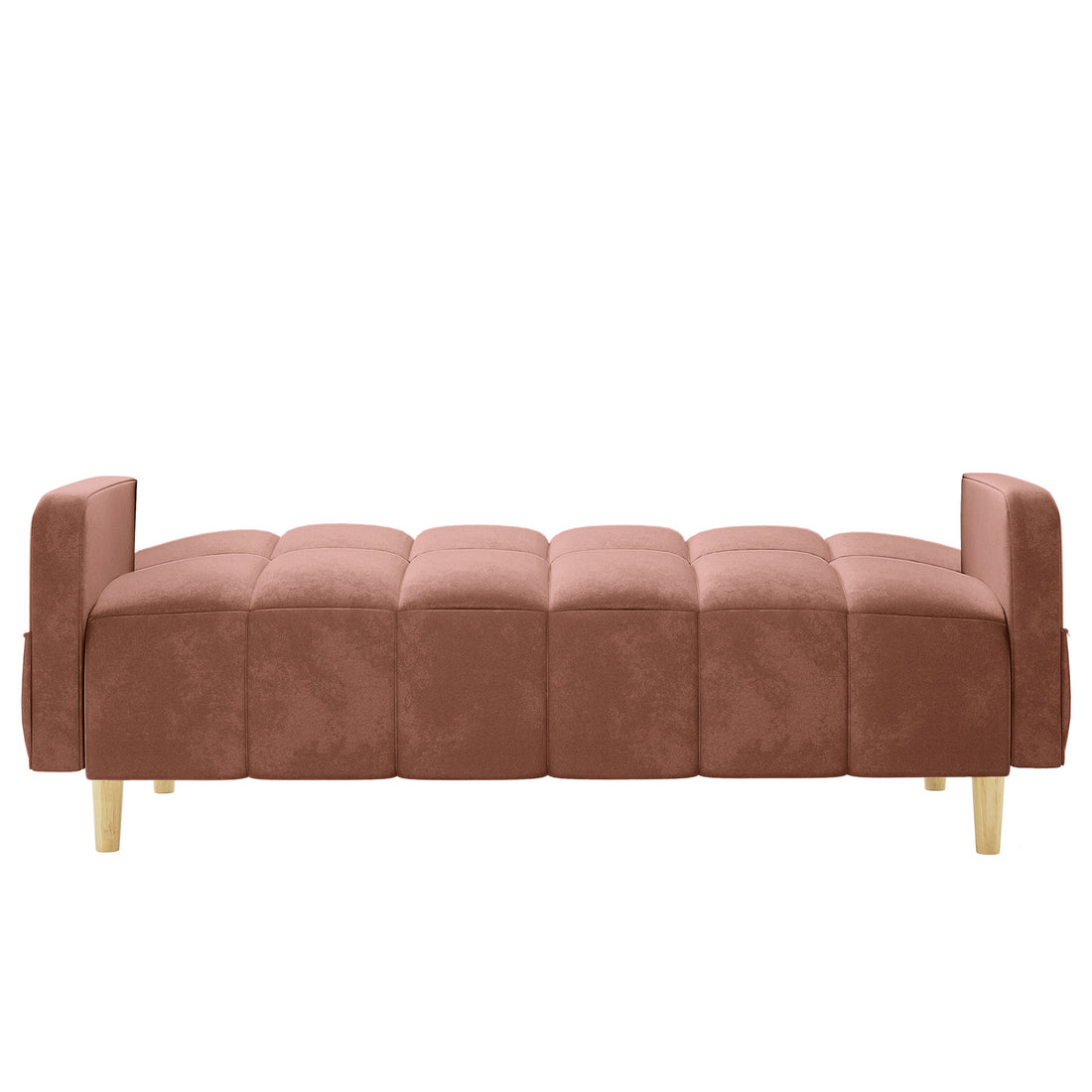 Anica 6 Seater Velvet Fabric Sofa Bed Set in Blush features a low, tufted cushion design with matching armrests and short wooden legs, emphasizing modular flexibility and a sleek, contemporary silhouette.