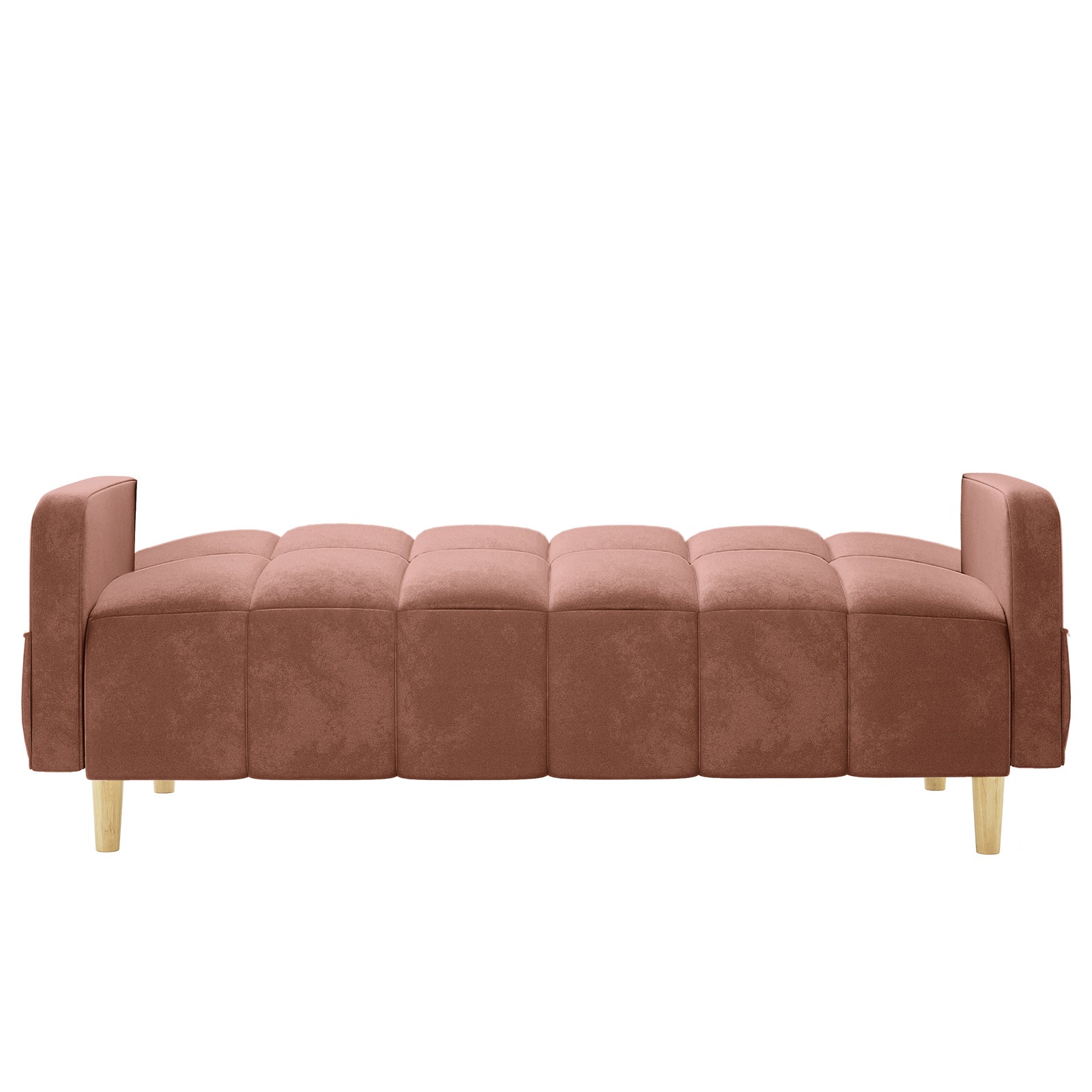 Anica 6 Seater Velvet Fabric Sofa Bed Set in Blush features a low, tufted cushion design with matching armrests and short wooden legs, emphasizing modular flexibility and a sleek, contemporary silhouette.