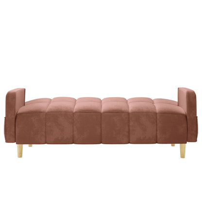 Anica 6 Seater Velvet Fabric Sofa Bed Set in Blush features a low, tufted cushion design with matching armrests and short wooden legs, emphasizing modular flexibility and a sleek, contemporary silhouette.