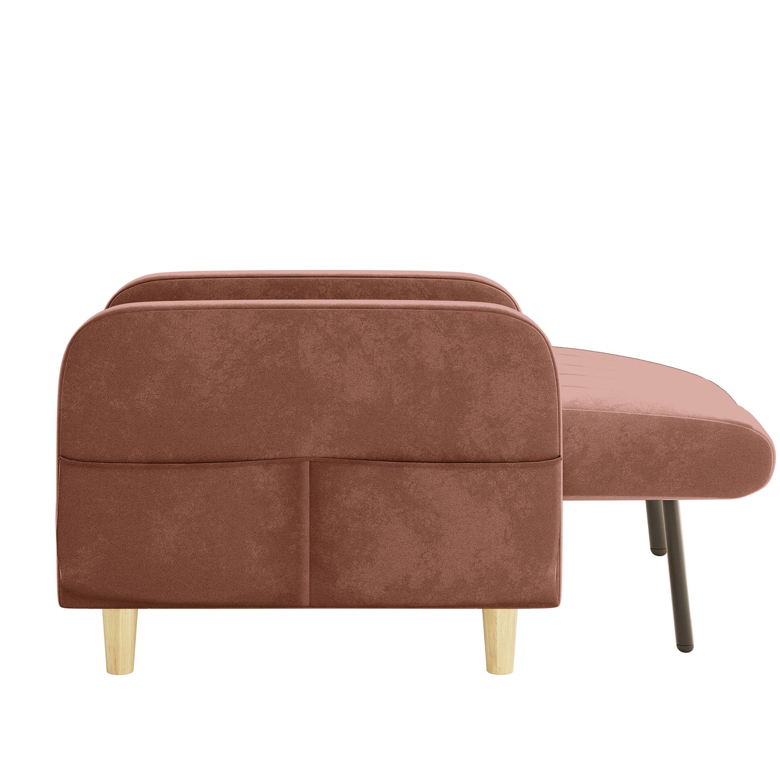 Anica 6 Seater Velvet Fabric Sofa Bed Set in Blush featuring a modern design with an attached chaise, muted rose-terracotta upholstery, and contrasting wood and metal legs, viewed from the rear.