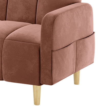 Close-up of Anica 6 Seater Velvet Fabric Sofa Bed Set in Blush, showcasing its rust-pink velvet upholstery, simple stitched seams, and tapered light-wooden legs, highlighting modern elegance and modular design.
