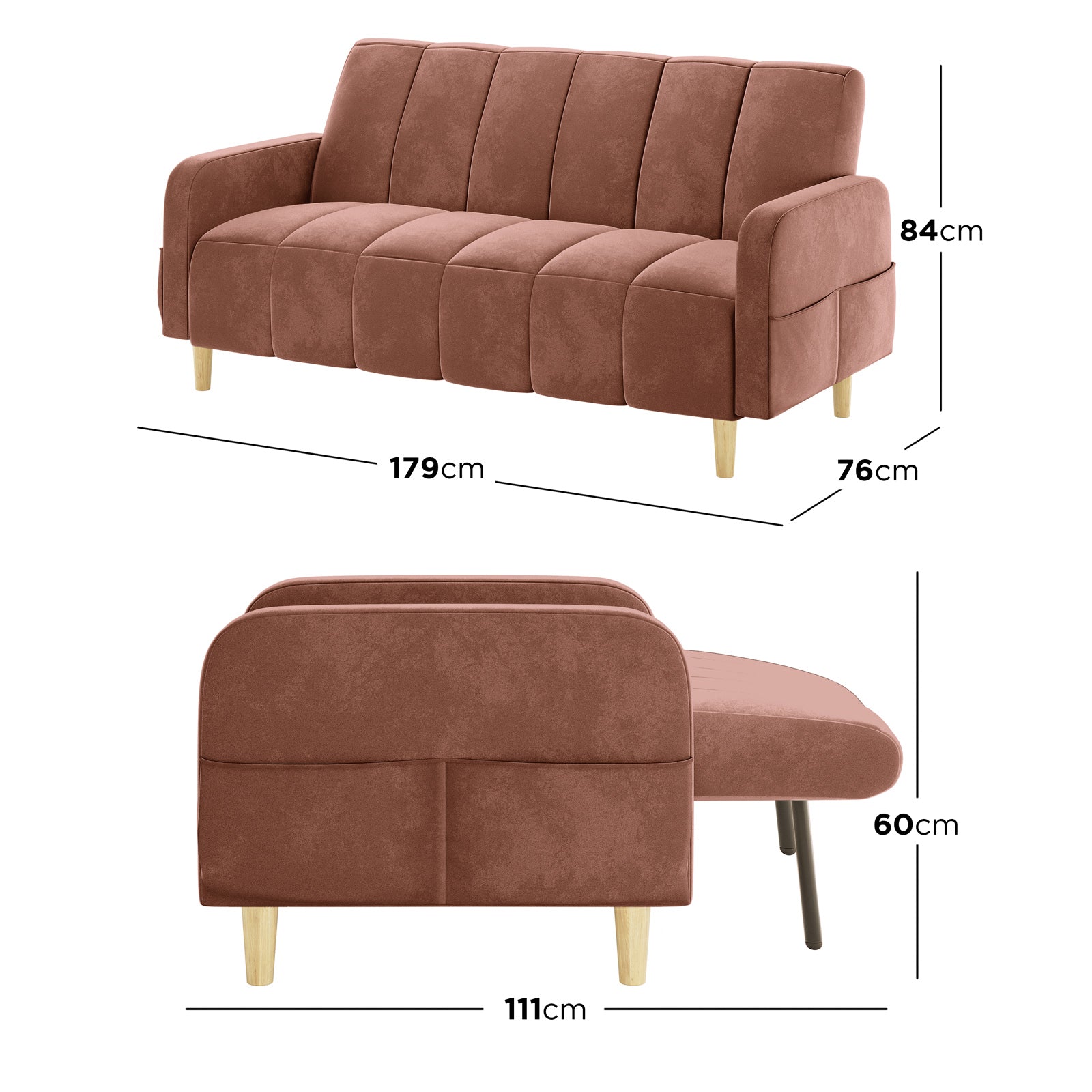 Anica 6 Seater Velvet Fabric Sofa Bed Set in Blush, shown as a three-seater sofa and laid-flat chaise, featuring warm-terracotta velvet fabric, short wooden legs, and highlighted dimensions for both configurations.