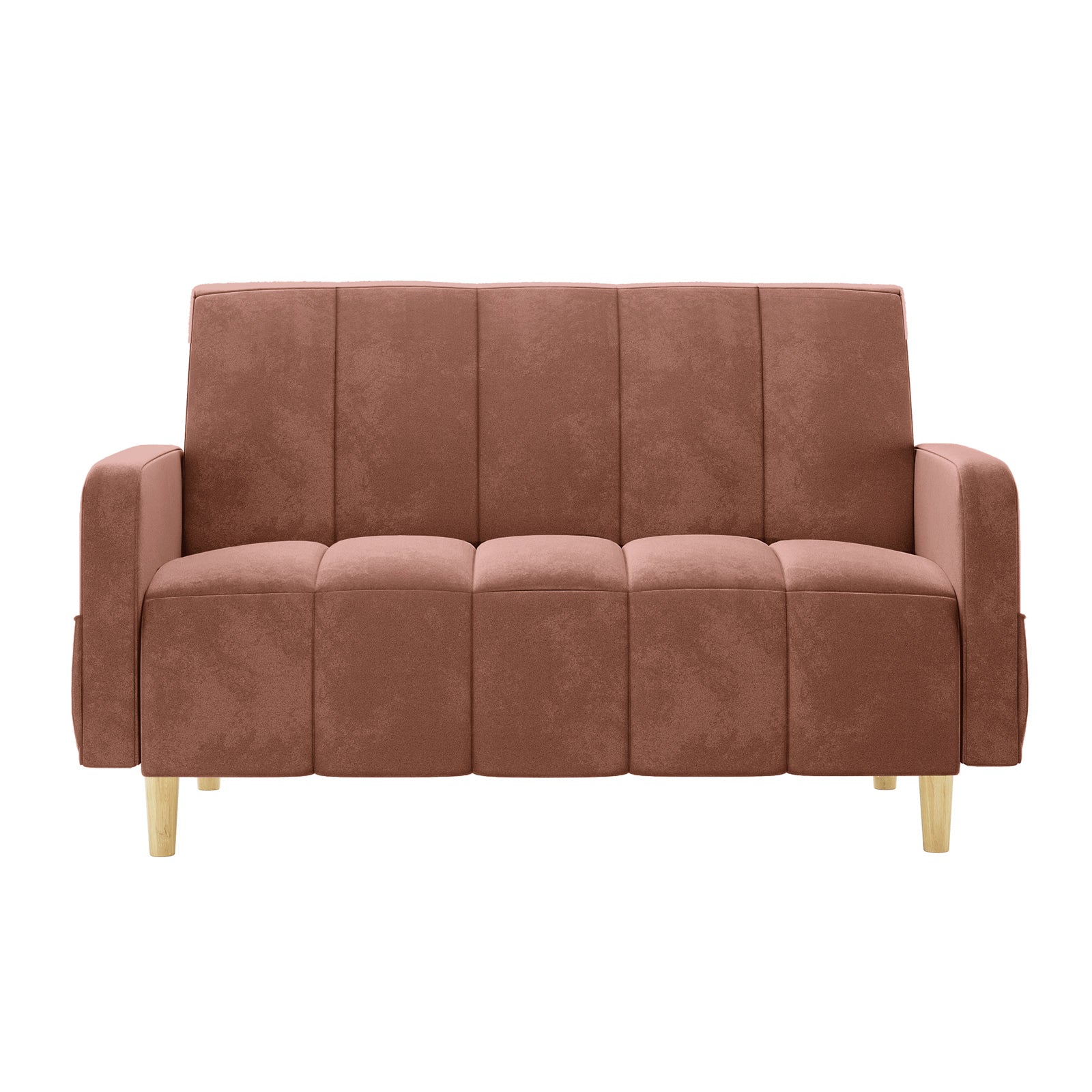 Anica 6 Seater Velvet Fabric Sofa Bed Set in Blush, featuring a modern two-seater with tufted vertical channel stitching, squared arms, and light wood tapered legs, perfect for contemporary interiors.