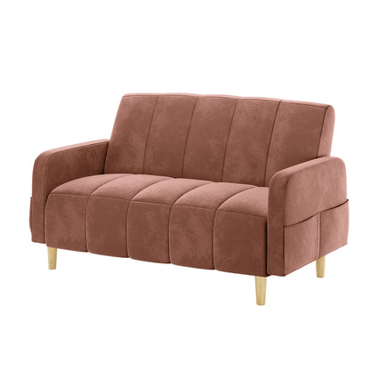 Anica 6 Seater Velvet Fabric Sofa Bed Set in Blush: A small, plush loveseat with tufted seat and back, upholstered in muted rose-pink fabric, on short, tapered light-wood legs.