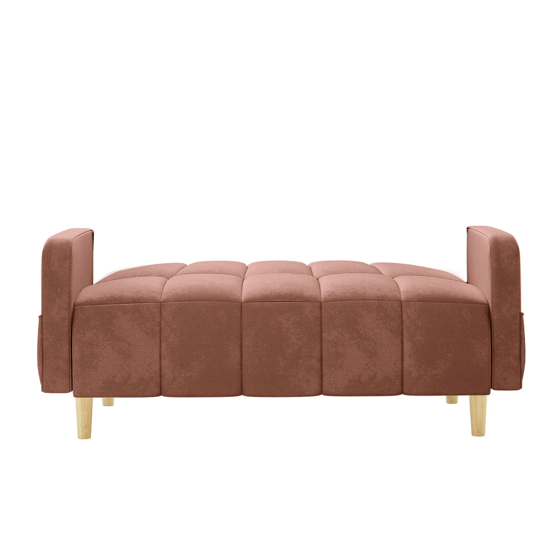 Anica 6 Seater Velvet Fabric Sofa Bed Set in Blush, featuring a modern, tufted design with low wooden legs and fold-down armrests, convertible for versatile seating or sleeping arrangements.