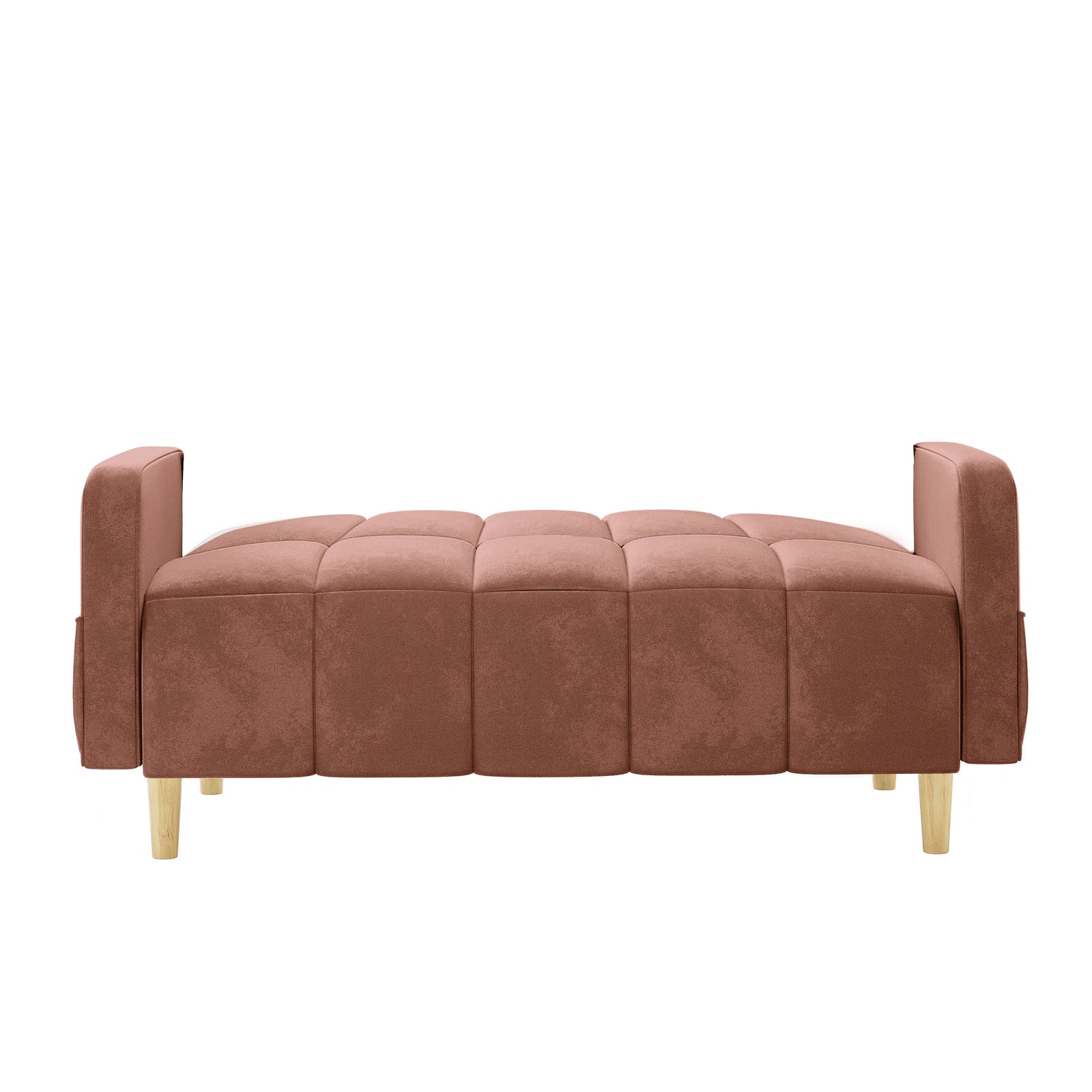 Anica 6 Seater Velvet Fabric Sofa Bed Set in Blush, featuring a modern, tufted design with low wooden legs and fold-down armrests, convertible for versatile seating or sleeping arrangements.