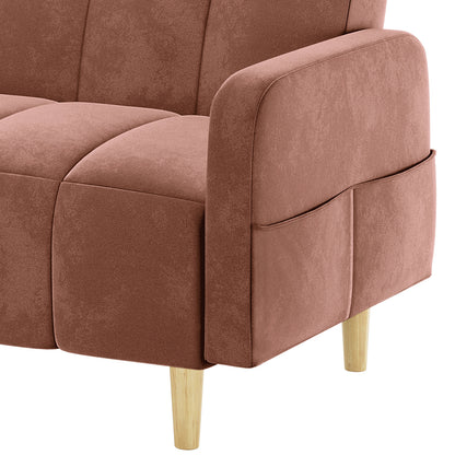 Anica 6 Seater Velvet Fabric Sofa Bed Set in Blush, showcasing a dusty rose velvet loveseat with tufted cushions, wooden tapered legs, and a convenient fabric pocket on the armrest.