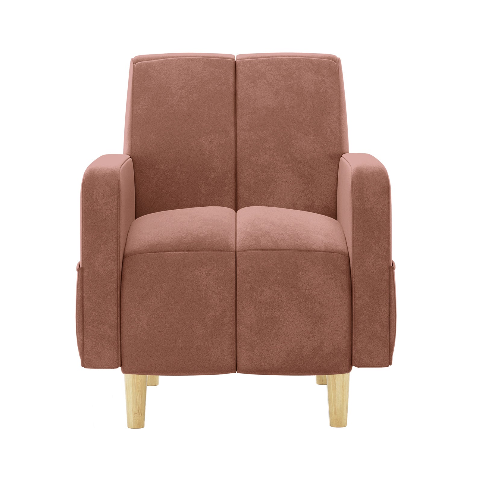 Anica 6 Seater Velvet Fabric Sofa Bed Set in Blush; modern upholstered armchair in dusty-rose fabric, clean lines, padded arms and back, with light wood legs, part of a modular seating arrangement.